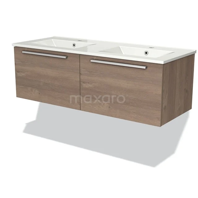 Badkamermeubel 120cm Modulo Middenbruin Eiken 2 Lades Vlak Wastafel Keramiek BMW12-00315