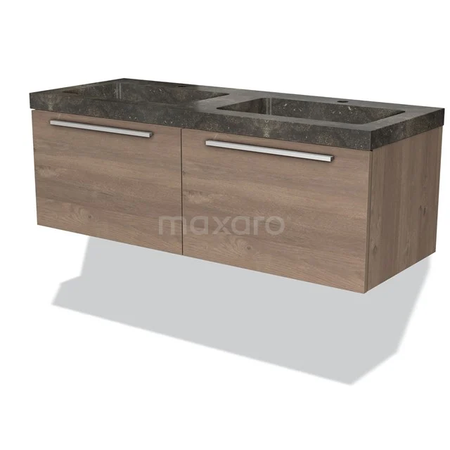 Houten badkamermeubel met donkere marmeren wastafel en dubbele lades, modern zwevend design voor stijlvolle badkamers.