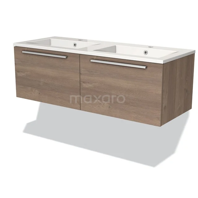 Holz-Badmöbel mit doppeltem weißen Waschbecken, modernes Design, hängendes Modell, ideal für stilvolle Badezimmer Einrichtung.