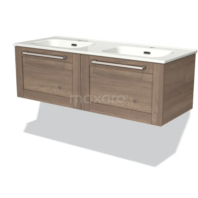 Double basin with wooden drawer unit, modern design, ideal for the bathroom, equipped with spacious storage drawers and white ceramic sinks.