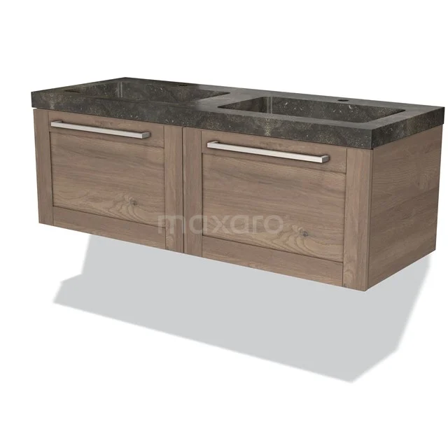 Wooden vanity units with double basin, dark marble top and metal handles, ideal for modern bathroom design.