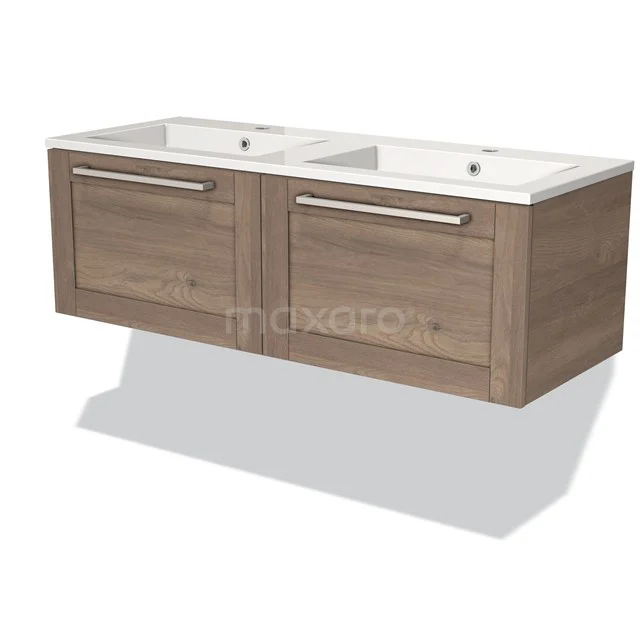 Wooden double basin with white ceramic sinks, modern design, perfect for stylish bathroom decoration.