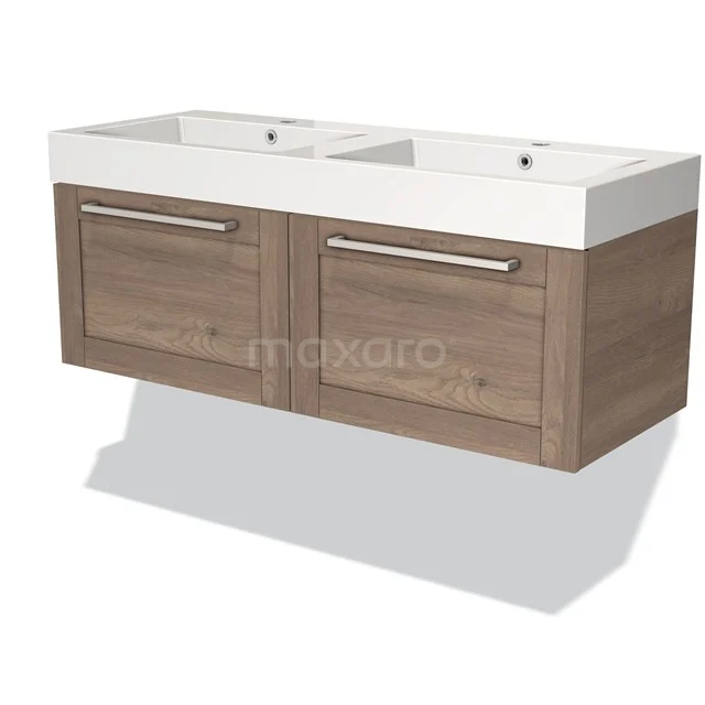 Modulo Waschtische | 120 cm Mittelbraune Eiche Rahmen front Mineralguss 2 nebeneinanderliegende Schubladen BMW12-00335 Holz Badezimmermöbel mit Doppelwaschbecken, moderne Ausstrahlung und Schubladen, ideal für stilvolles Organisieren im Badezimmer.