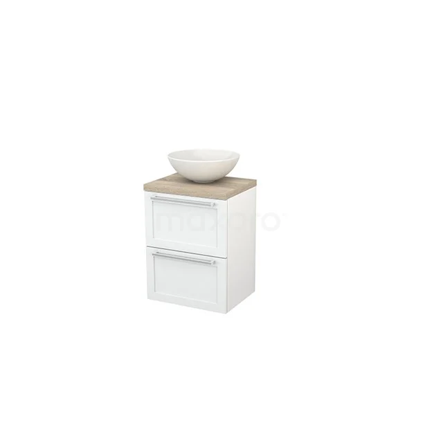White bathroom unit with wooden worktop, round basin and two drawers, ideal for modern bathroom design.