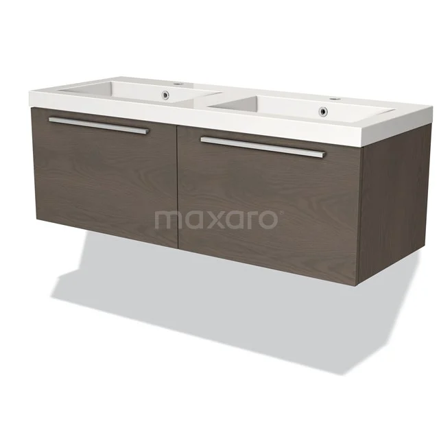 Wandhangend badkamermeubel met dubbele wastafel, donker houtlook, softclose lades en moderne strakke grepen.