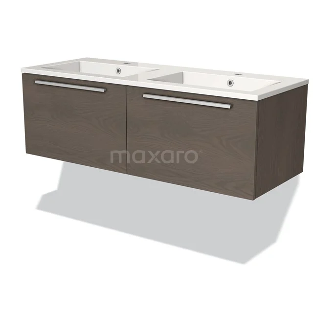 Dubbele wastafel met houtlook onderkast, donkerbruin, modern design, ideaal voor een stijlvolle badkamer inrichting.
