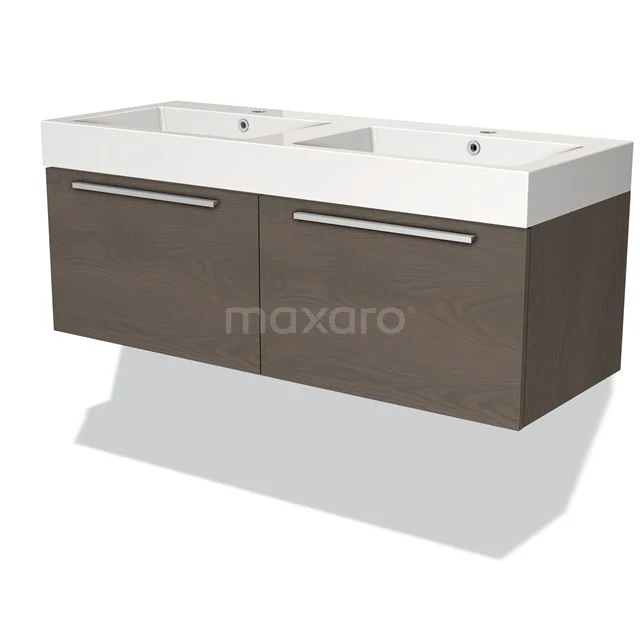 Modern badkamermeubel met dubbele wastafel, houtlook fineer, softclose lades en witte keramische bassin, perfect voor stijlvolle badkamers.