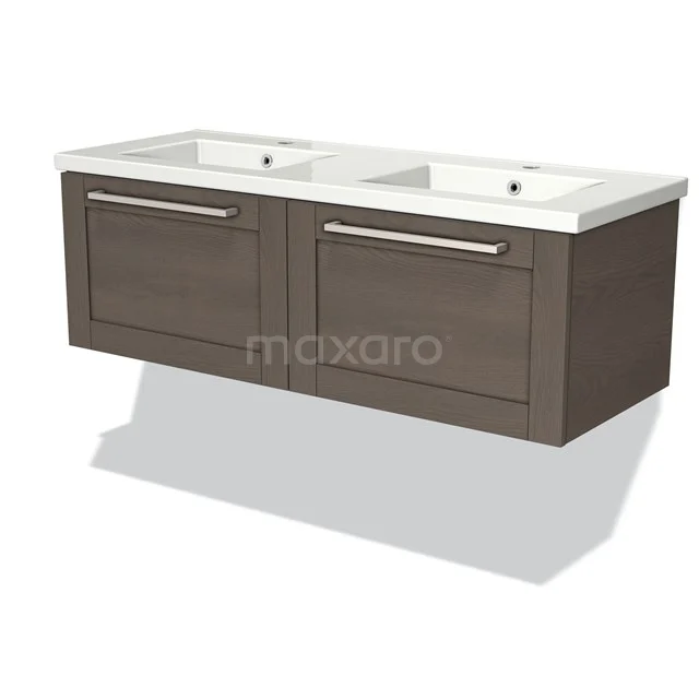 Double basin in brown wood look with white ceramic sinks, ideal for modern bathrooms.