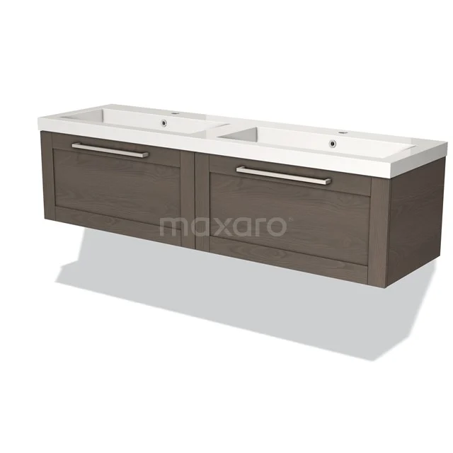 Doppelwaschbecken mit dunklen Holzfronten, moderne Wandmontage, ideal für Badezimmerlagerung und stilvolle Einrichtung.