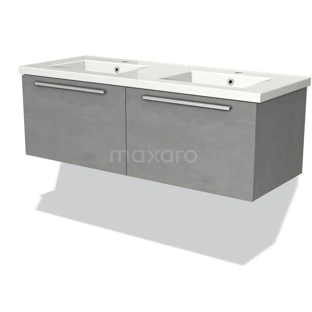 Modulo Bathroom furniture with sink | 120 cm Light grey concrete Flat front Ceramic 2 Side-by-side drawers BMW12-00366 Grey double vanity base unit with ceramic sink, sleek design and spacious storage drawers for a modern bathroom.