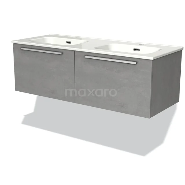 Double basin with grey wood-look base cabinet, floating design, ideal for modern bathrooms, with metal handles.