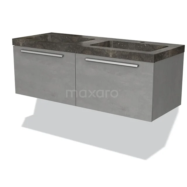 Grey floating bathroom cabinet with marble basin, modern look and two drawers for storage space.
