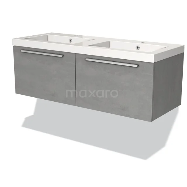 Dubbele wastafel met grijze houtlook onderkast, modern badkamermeubel van keramiek, inclusief metalen handgrepen.