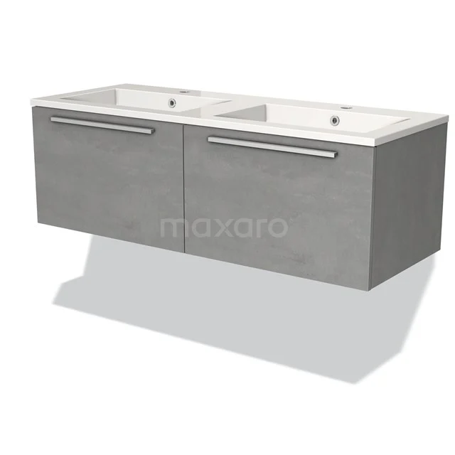 Grijze dubbele wastafelmeubel met lades, wandmontage, modern design; ideaal voor een stijlvolle badkamer.