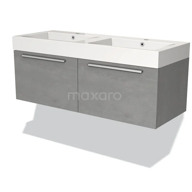 Dubbele wastafel met grijze betonlook onderkast en metalen handgrepen, ideaal voor moderne badkameropstellingen.