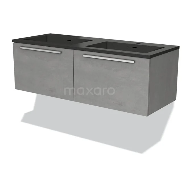 Grey double vanity unit with black top, modern drawers and sleek design, ideal for a stylish bathroom.