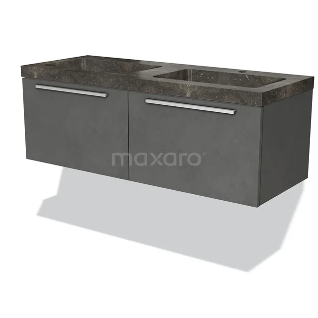 Zwevende antraciet wastafelmeubel met dubbele wastafel, modern design en natuursteen look, ideaal voor stijlvolle badkamers.