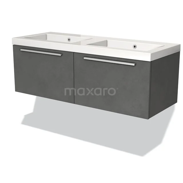 Grey double vanity unit with two ceramic sinks, minimalist design, ideal for modern bathrooms.
