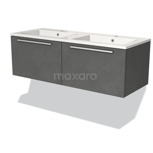 Badmöbel 120cm Modulo Dunkelgrauer Beton 2 Schubladen Flaches Waschbecken Mineralguss BMW12-00387 Dunkelgraue schwebende Badmöbelset mit doppeltem Waschbecken, modernem Finish und schlanken metallischen Haltegriffen.
