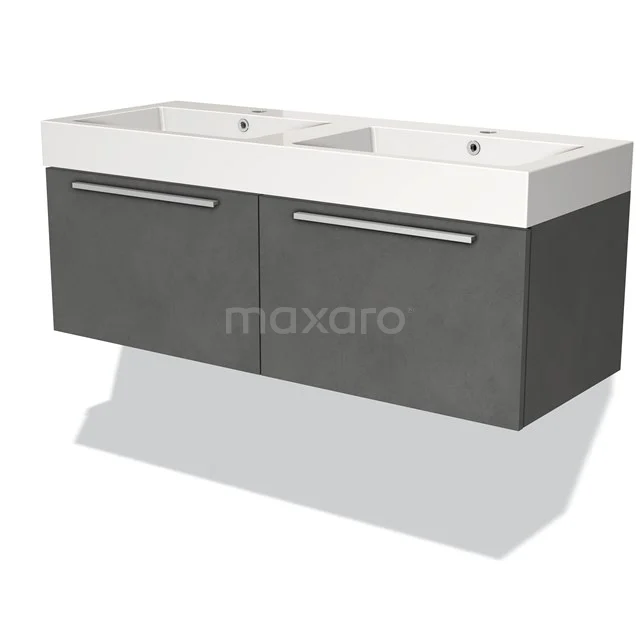 Dubbele wastafel met donkergrijze mat afwerking, gladde lades en geïntegreerde handgrepen; perfect voor moderne badkamers.
