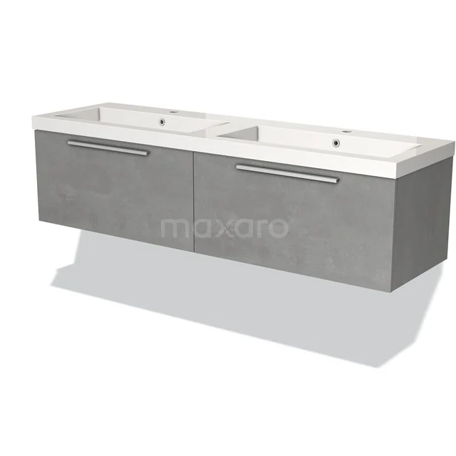 Grijs hangend badkamermeubel met dubbele wastafel, moderne look, softclose lades en metalen grepen.