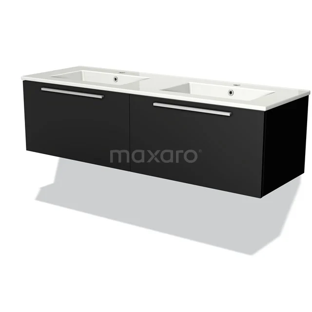 Zwart dubbel wastafelmeubel met witte keramische wastafel, strak design en ruime lades, perfect voor moderne badkamers.
