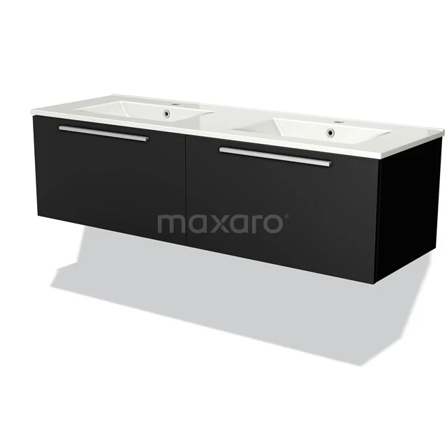 Schwarzes schwebendes Badezimmermöbel mit Doppelwaschbecken aus Keramik und eleganten Edelstahl-Haltegriffen, modern und platzsparend.