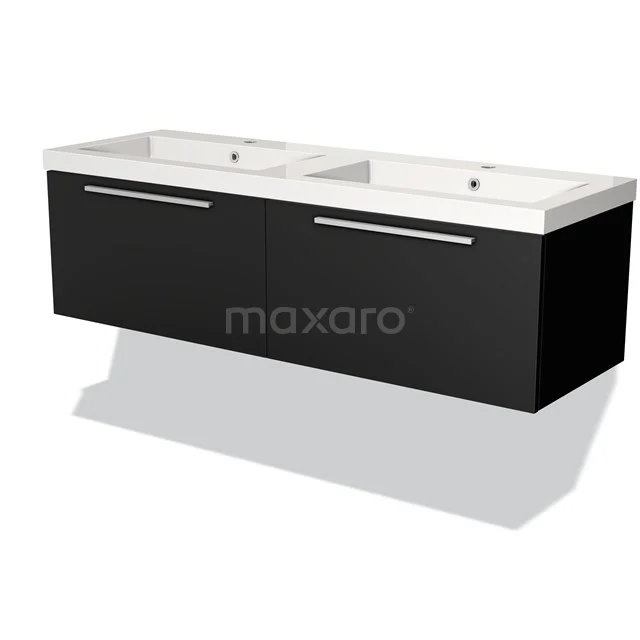 Zwarte dubbele wastafelmeubel met witte keramische wasbak, minimalistisch ontwerp, ideaal voor een moderne badkamerstijl.