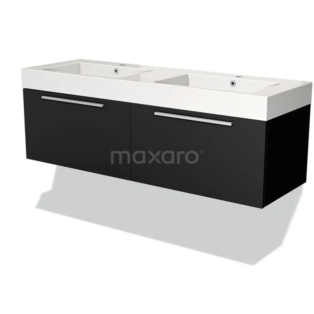 Zwarte dubbele wastafelkast met witte keramische wasbak, strak design, ideaal voor moderne badkamers.