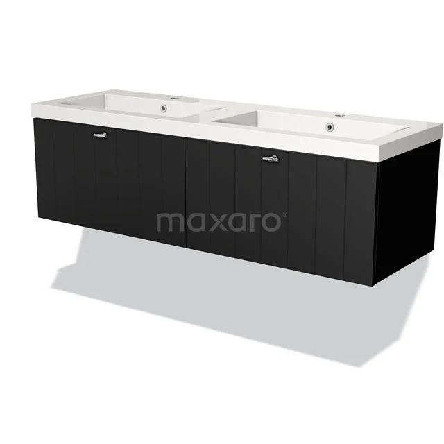 Black double vanity unit, sleek wall-mounted, modern bathroom style, white ceramic sink, timeless design.