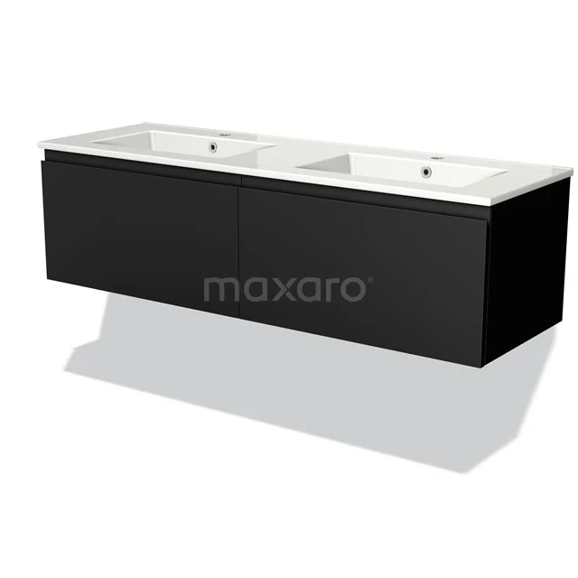 Black bathroom furniture set with double basin, sleek design, ideal for modern bathrooms, made of high-quality materials.