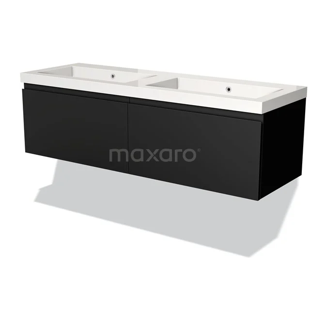 Zwart zwevend badkamermeubel met dubbele witte wastafel, modern ontwerp en strakke lijnen, perfect voor een luxe badkamerstijl.
