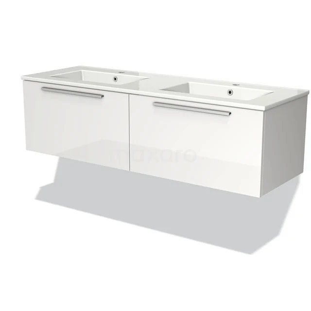 Weißes Doppel-Waschtischmöbel mit glänzender Oberfläche, zwei keramischen Waschbecken und modernen Metallgriffen, perfekt für das Badezimmer.