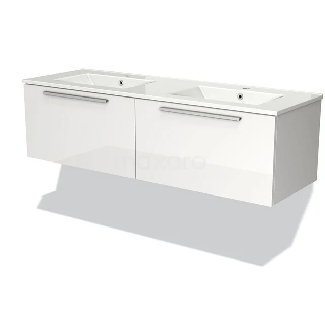 Modulo Waschtische | 140 cm Hochglanz Weiß Flach front Keramik 2 nebeneinanderliegende Schubladen BMW12-00410 Weißes Badezimmermöbel mit Doppelwaschbecken, modernes Design und geräumigen Schubladen, ideal für ein stilvolles Badezimmer-Upgrade.