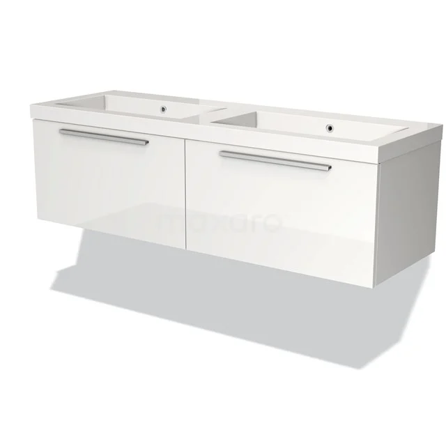 Wit zwevend badkamermeubel met dubbele wasbak, moderne glansafwerking en chromen handgrepen, ideaal voor ruime badkamers.