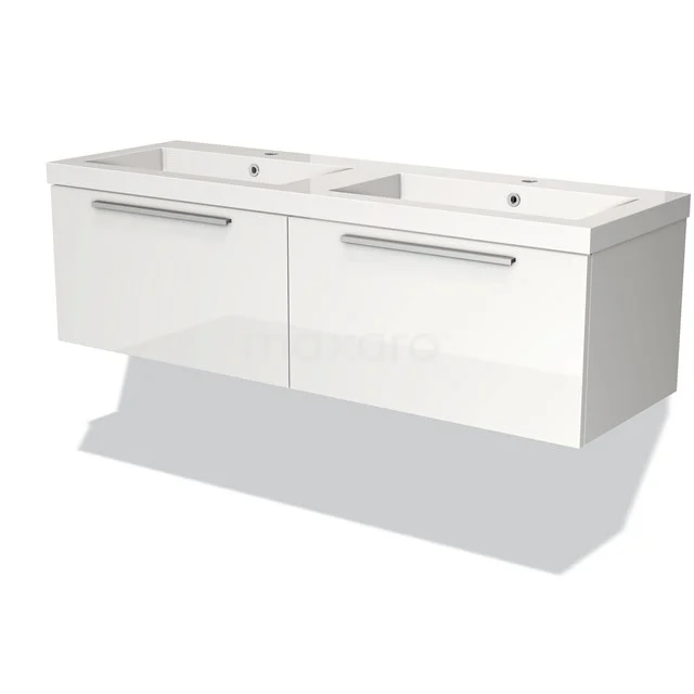 Weißes hängendes Badezimmermöbel mit Doppelwaschbecken, modernem Design und integrierten Metallhaltegriffen.