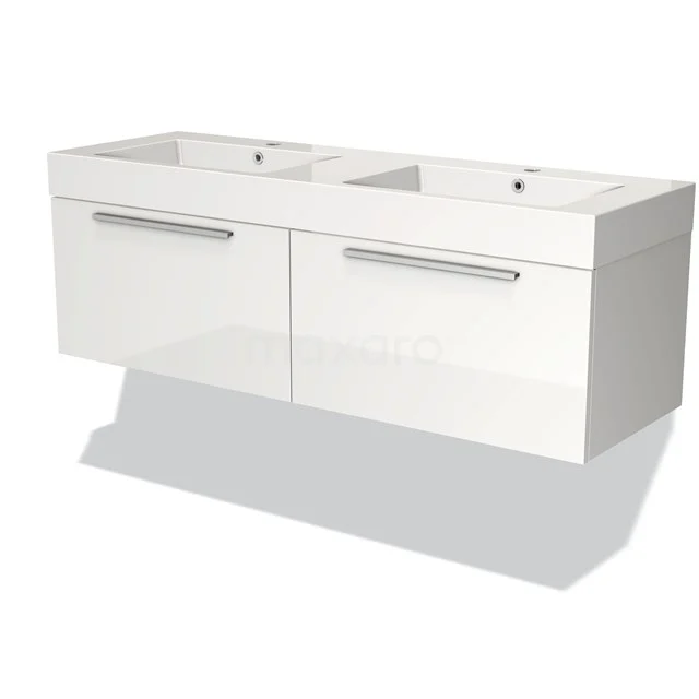 Weißes Hochglanz-Badmöbel mit Doppelwaschbecken und metallischen Haltegriffen, modernes Design für stilvollen Badezimmerraum.