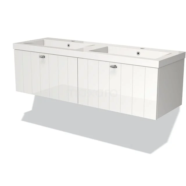 Modulo Bathroom furniture with sink | 140 cm High-gloss white Slat front Mineral marble 2 Side-by-side drawers BMW12-00418 White suspended bathroom unit with double basin, wood-look front and modern finish for stylish bathroom storage.