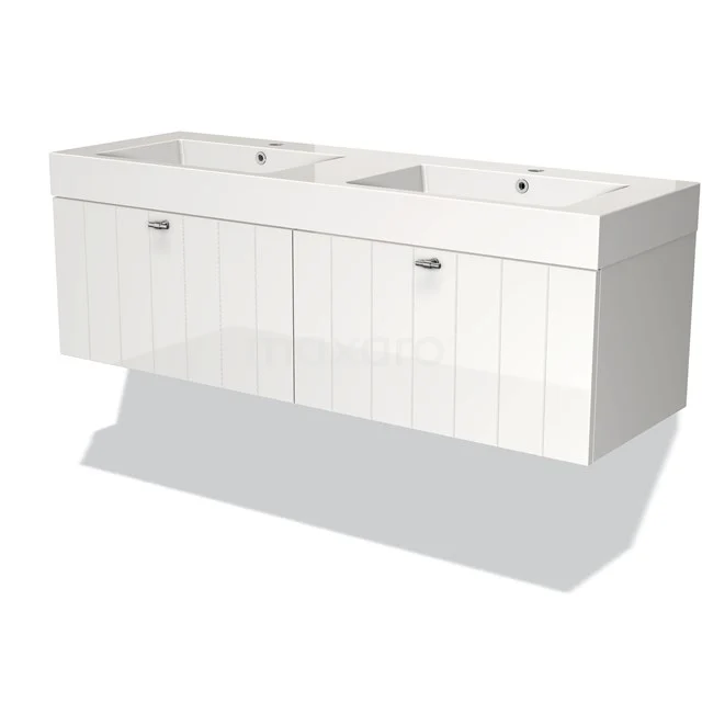 Modulo Vanity units with basin | 140 cm High-gloss white Slat front Mineral marble 2 Side-by-side drawers BMW12-00419 White double vanity unit with vertical panels, modern finish, ideal for a stylish and spacious bathroom.