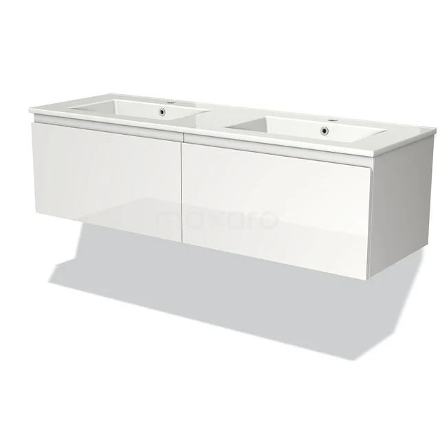 White Bathroom unit with double basin, modern floating finish, sleek design, ideal for various bathroom styles.