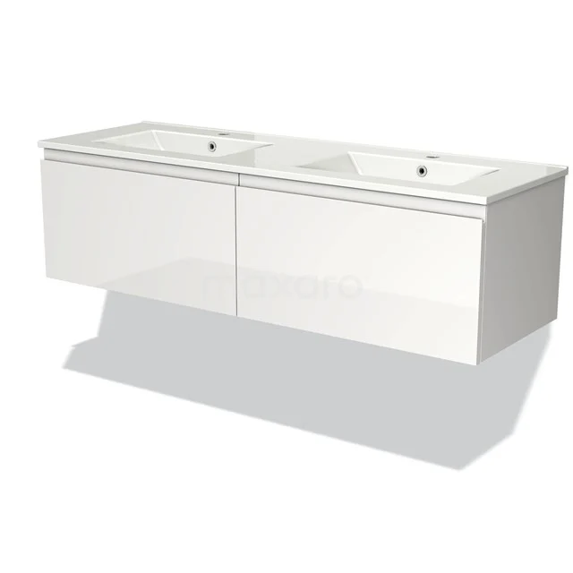 Wit dubbel wastafelmeubel, rechthoekig ontwerp met strakke lijnen, perfect voor een moderne badkamerstijl.