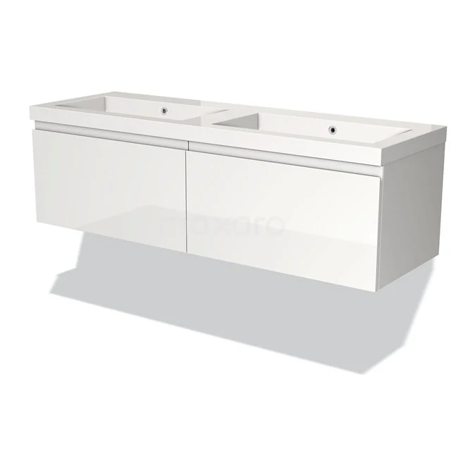 Wit hangend badkamermeubel met dubbele wastafel, strak design, uit de moderne PureLine serie.