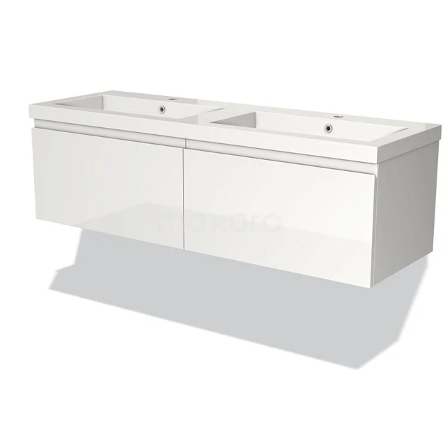 Wit dubbel wastafelmeubel met strakke vormgeving, voorzien van keramische waskommen, ideaal voor een moderne badkamerstijl.