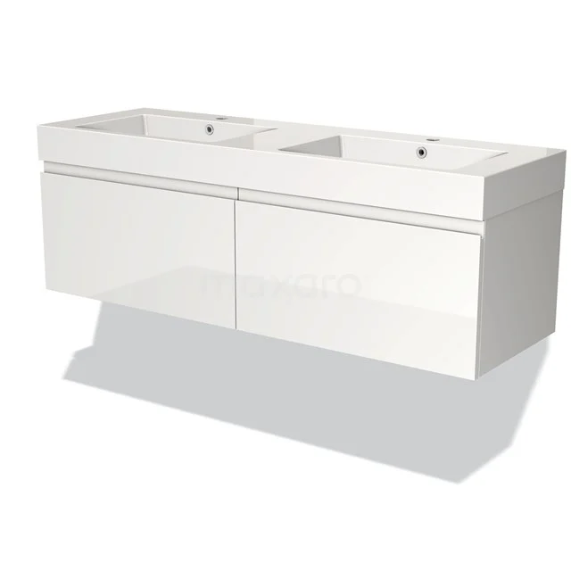 Badmöbel 140cm Modulo Hochglanz Weiß 2 Schubladen Griffloses Waschbecken Mineralguss BMW12-00425 Weißes Badezimmermöbel mit Doppelwaschbecken, modernes Design, schwebendes Modell, ideal für moderne Bäder.
