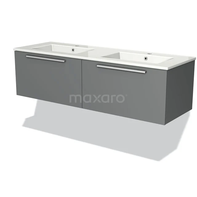 Grey bathroom furniture set with double basin, modern floating design and Stainless steel handles, ideal for stylish bathroom use.