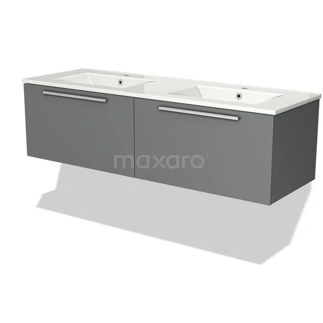 Grey bathroom furniture set with double basin, sleek design, fitted with chrome handles and floating mounting system.