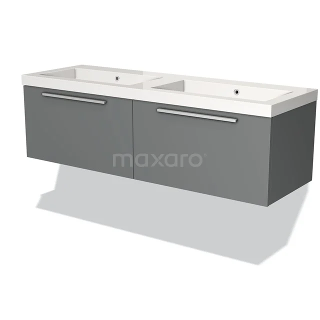 Grijze dubbele wastafelonderkast met wandmontage, strak design en metalen grepen, ideaal voor moderne badkamers.
