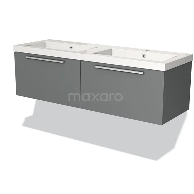 Grijze hangende badkamerkast met dubbele wastafel, modern design, gladde fronten en geïntegreerde chromen handgrepen.