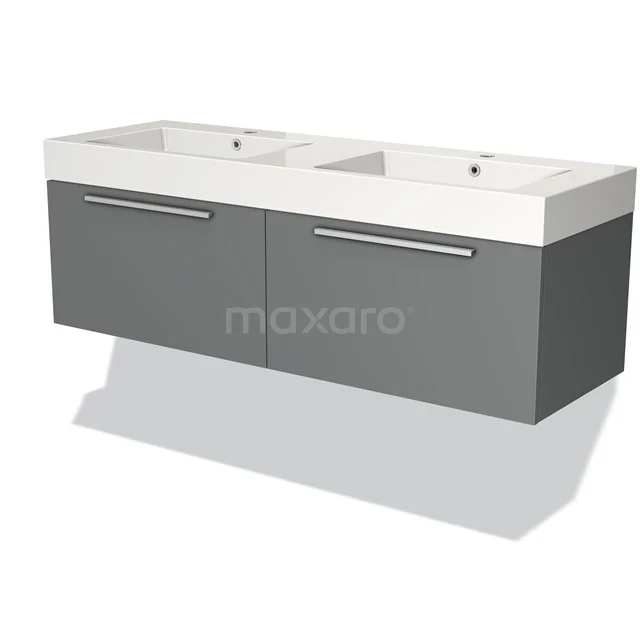 Grijze badkamermeubelset met dubbele wastafel, strak design, wandmontage, en moderne RVS handgrepen.