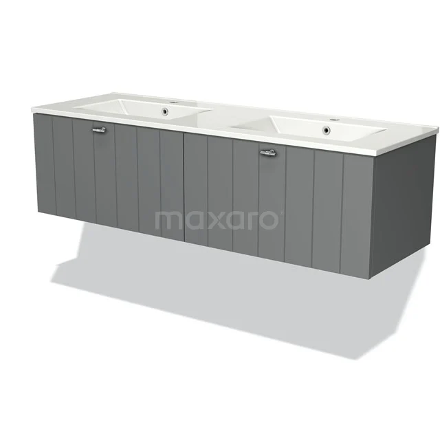 Grijze badkamermeubelset met dubbel wastafelblad, moderne hout-look en strakke lijnen voor een stijlvolle badkamer inrichting.